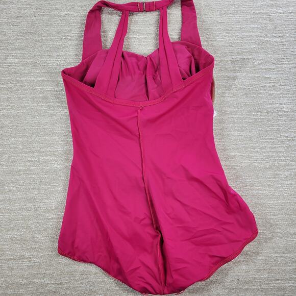 VTG Lands End One Piece Womens 14 Pink Halter Ruched Padded Beach Swimwear - Picture 12 of 14